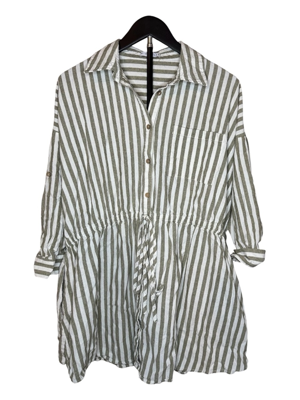Miou Muse Striped Button-Front Shirt Dress in Olive & White